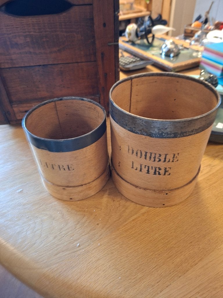 Set 2 Franse graanmaten 1L / 2 L, Ophalen, Gebruikt, Hout, Brocante