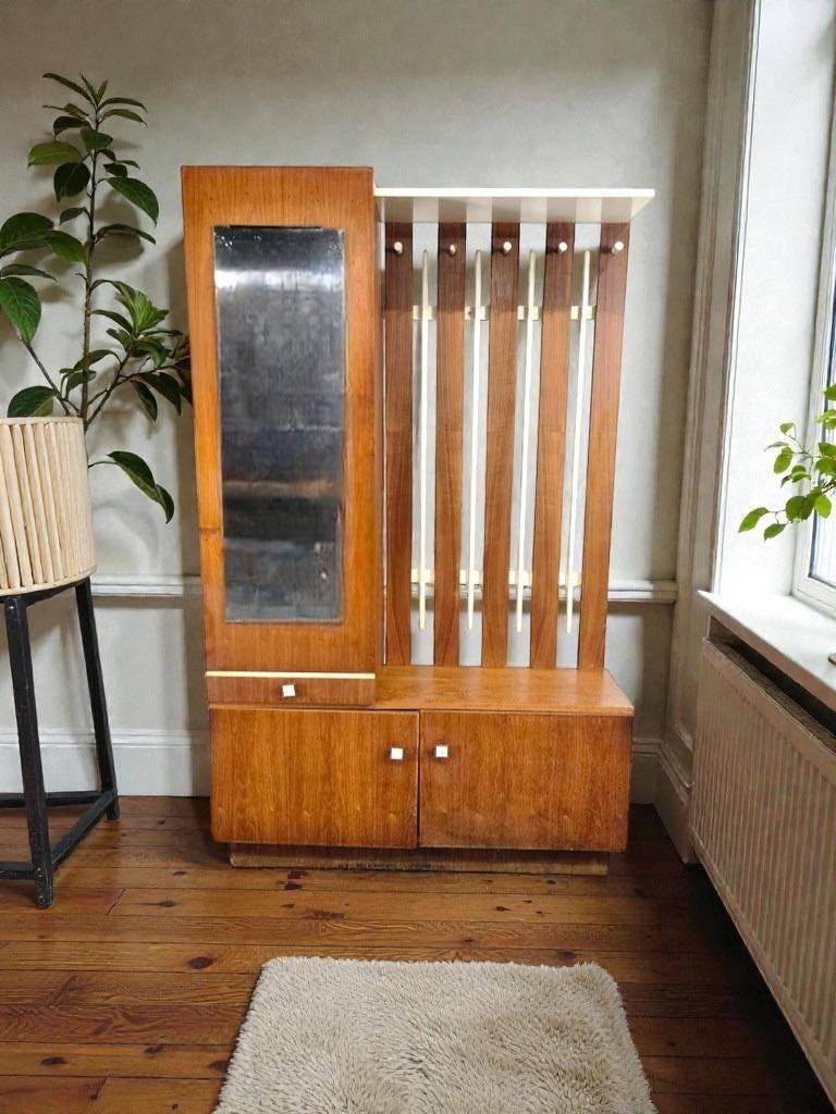 vintage hoge staankapstok / vloerkapstok met spiegel  & kast, Ophalen