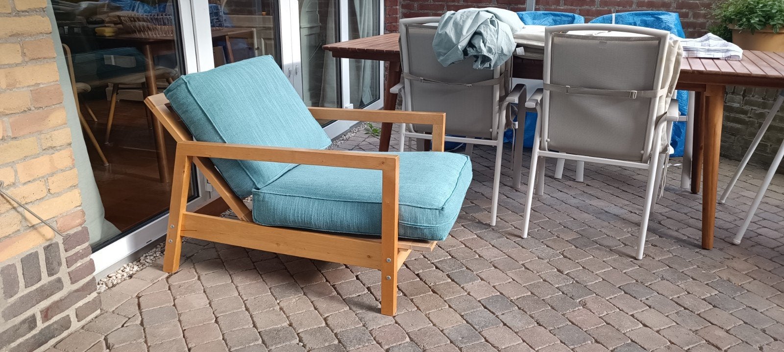 Verstelbare fauteuil met linnen stof in zeeblauw, Ophalen, Gebruikt, Blauw, Stof