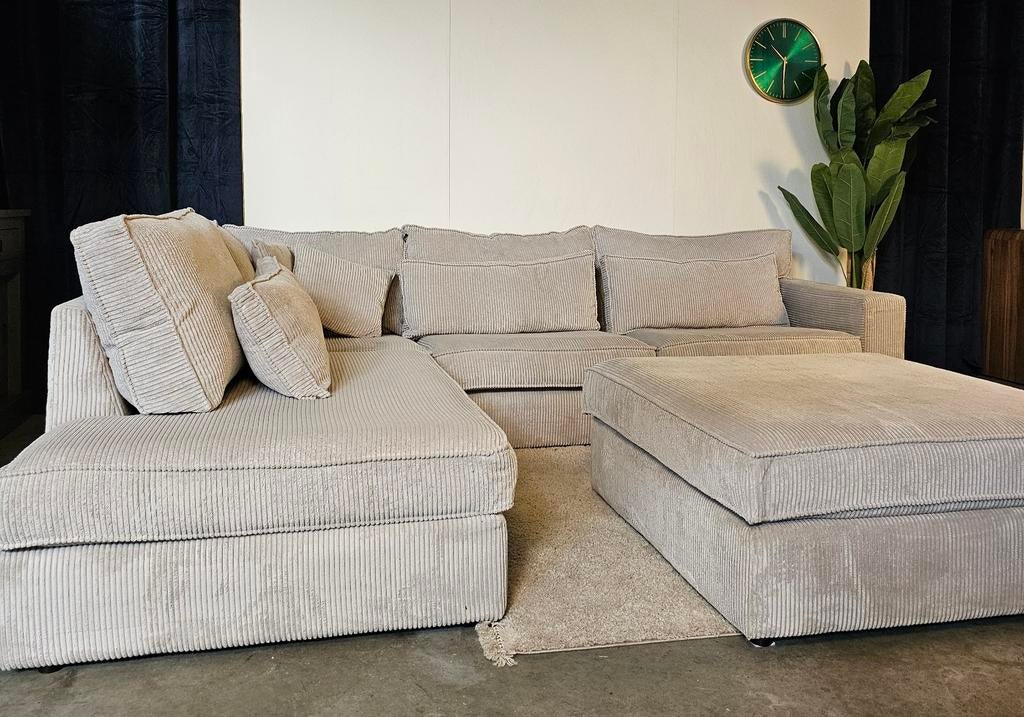 Ribstof Hoekbank Met Hocker Creme/Beige Lounge, Huis en Inrichting, Ophalen of Verzenden, Tweelingenlaan 106, Stof, Nijhof Brothers Furniture