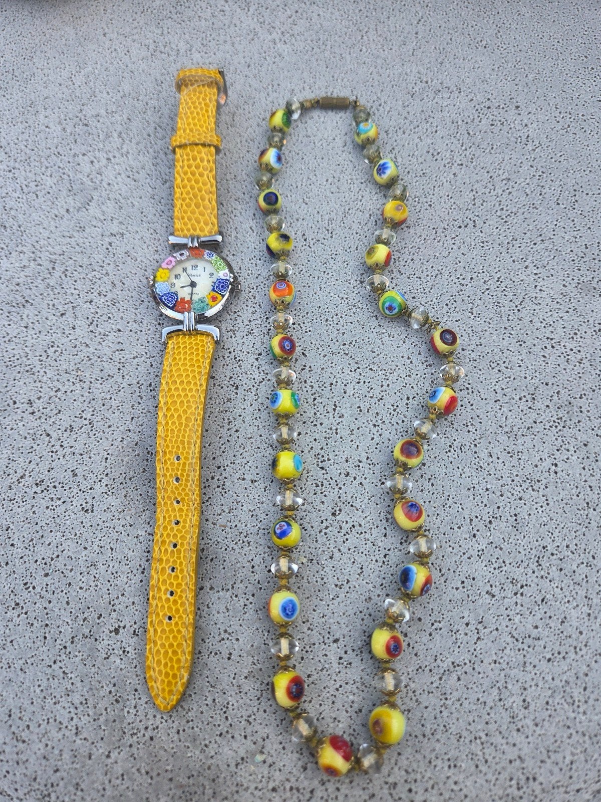 Murano Glas Ketting & Venice Horloge - Gele Set, Gebruikt, Geel, Ophalen of Verzenden, Onbekend