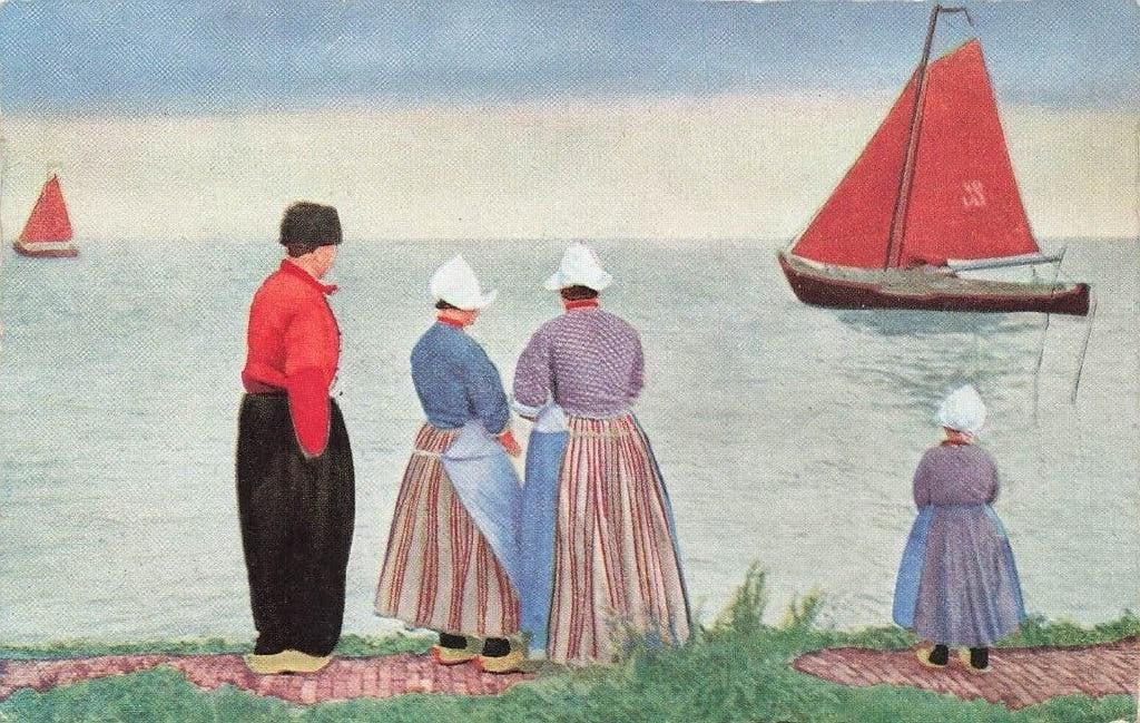 Volendam, Botters kijken, Klederdracht, Ophalen of Verzenden, 1940 tot 1960, Ongelopen, Noord-Holland