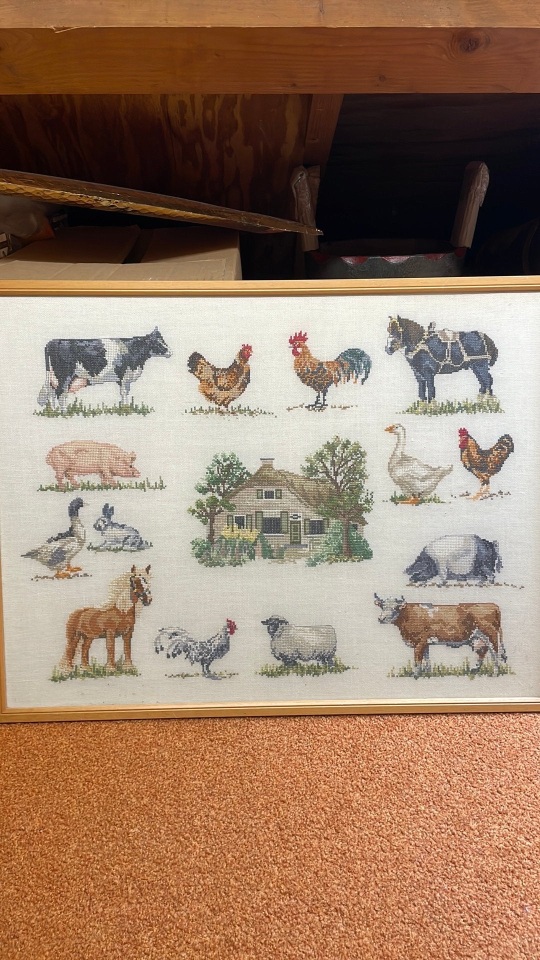 Boerderij dieren geborduurd schilderij, Antiek en Kunst, Antiek | Schoolplaten, Ophalen of Verzenden, Natuur en Biologie