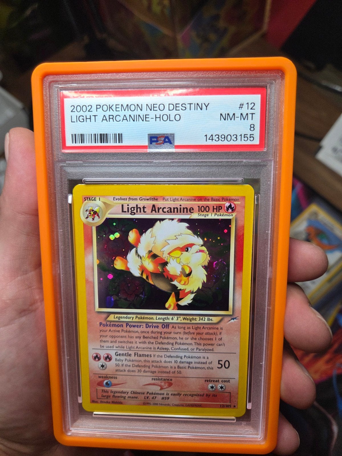 Light Arcanine PSA 8 Nearmint 12/105 Neo Destiny 2001 Wotc, Hobby en Vrije tijd, Verzamelkaartspellen | Pokémon, Ophalen of Verzenden