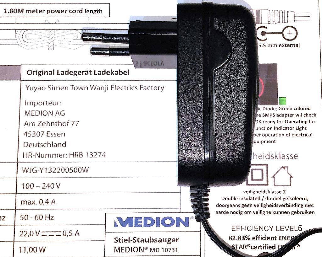 Wanji MEDION WJG-Y132200500W 22V 0.5A AC DC Adapter MD10731, Audio, Tv en Foto, Opladers, Ophalen of Verzenden, Nieuw