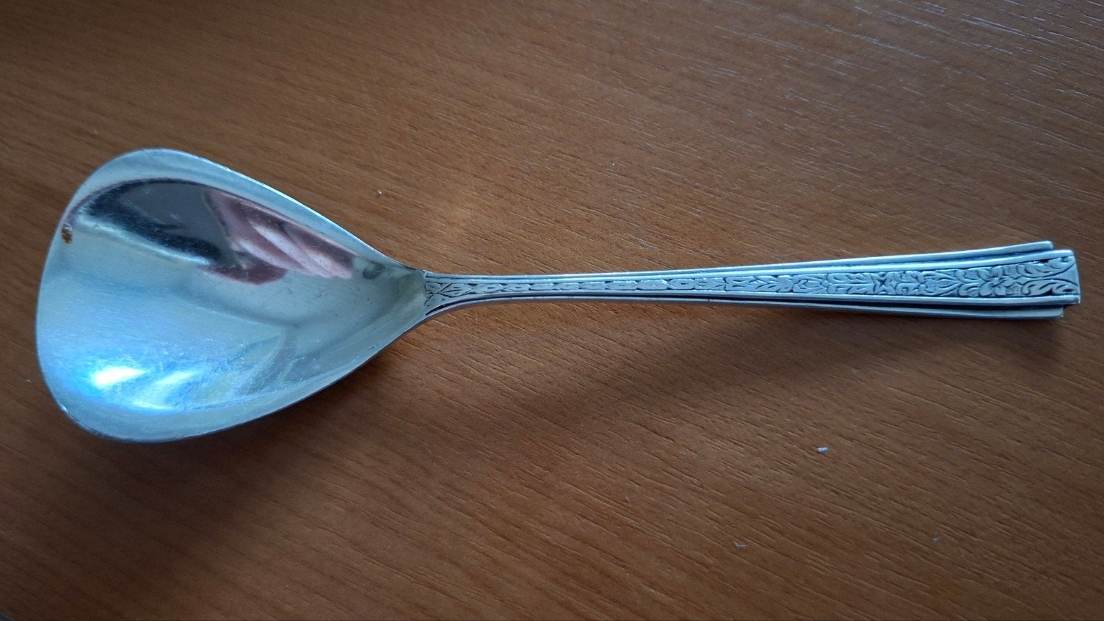 Antieke verzilverde opscheplepel met decoratie, Ophalen of Verzenden
