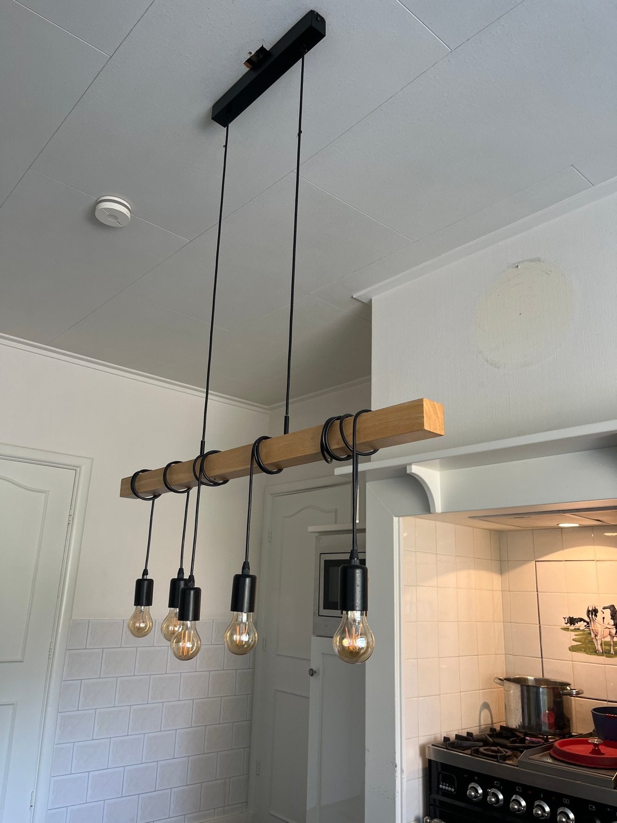 Hanglamp met houten balk en 5 Edison gloeilampen, Ophalen, Gebruikt, Hout, E27 (groot)