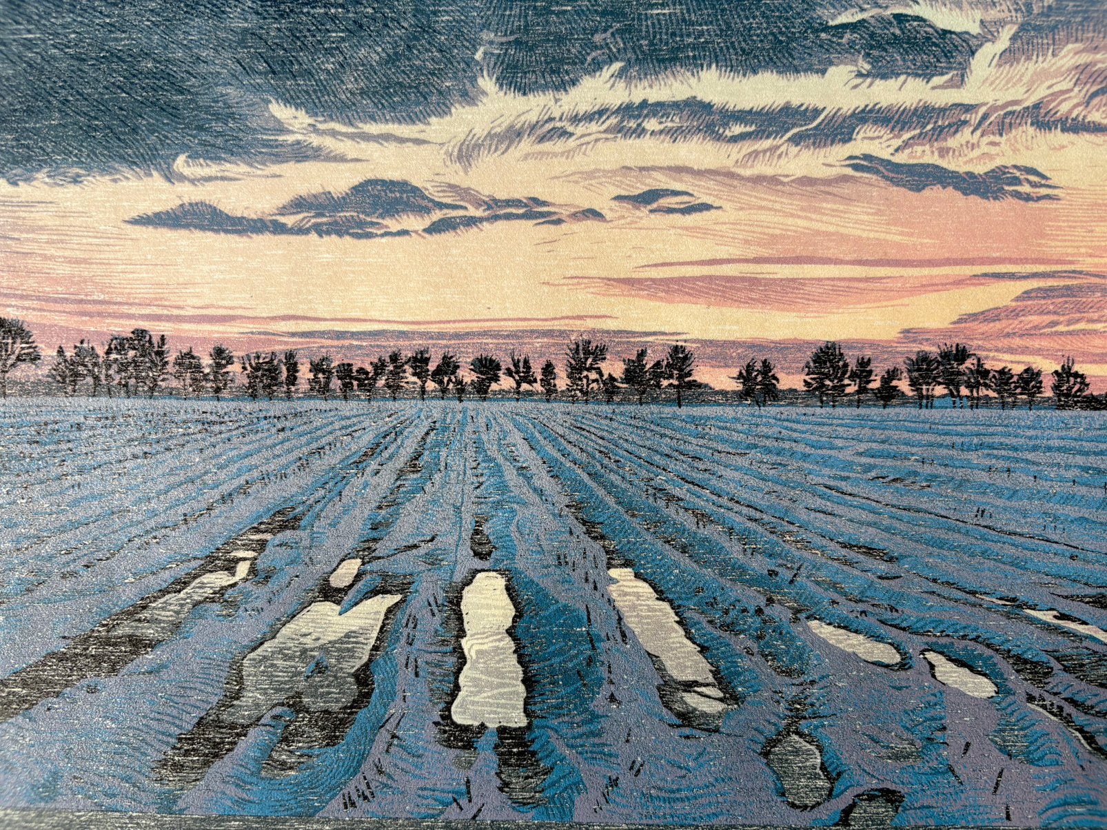 Avond valt over de Noordlheeder Es - Siemen Dijkstra (2019), 113 cm, Ophalen of Verzenden, Houtsnede, Landschap