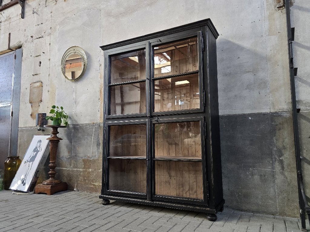 XL Vintage Houten Vitrinekast Zwart | Grote Vitrine Kast 1, Huis en Inrichting, Antiek Retro Vintage Brocante Landelijk, 200 cm of meer