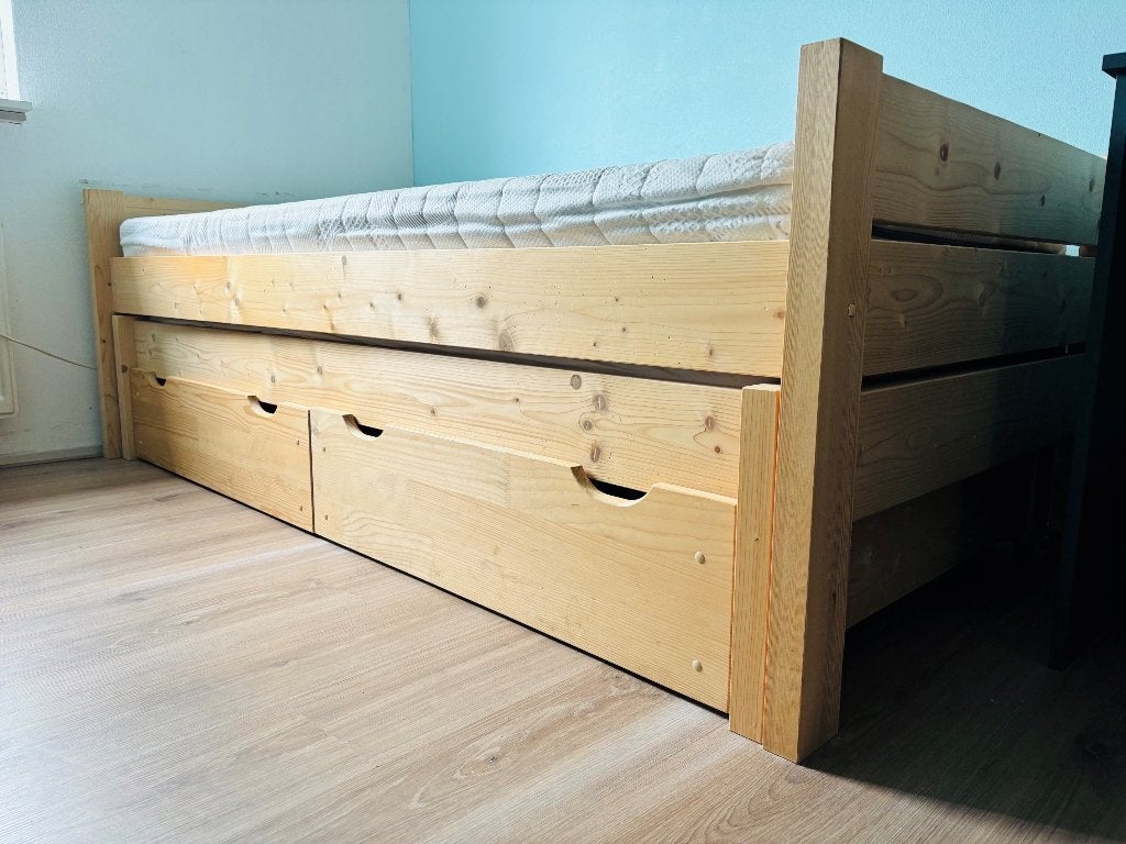 Houten tienerbed met onderbed en lades, Huis en Inrichting, Ophalen, 90 cm, 200 cm, Hout