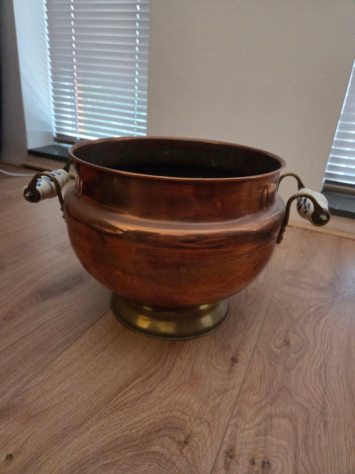 vintage Koperen Pot met Porseleinen Handvatten, Ophalen of Verzenden