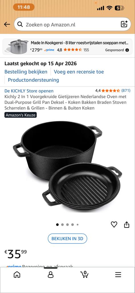 KICHLY Gietijzeren Dutch Oven met Grillpan Deksel 2-in-1, Huis en Inrichting, Keuken | Potten en Pannen, Ophalen of Verzenden