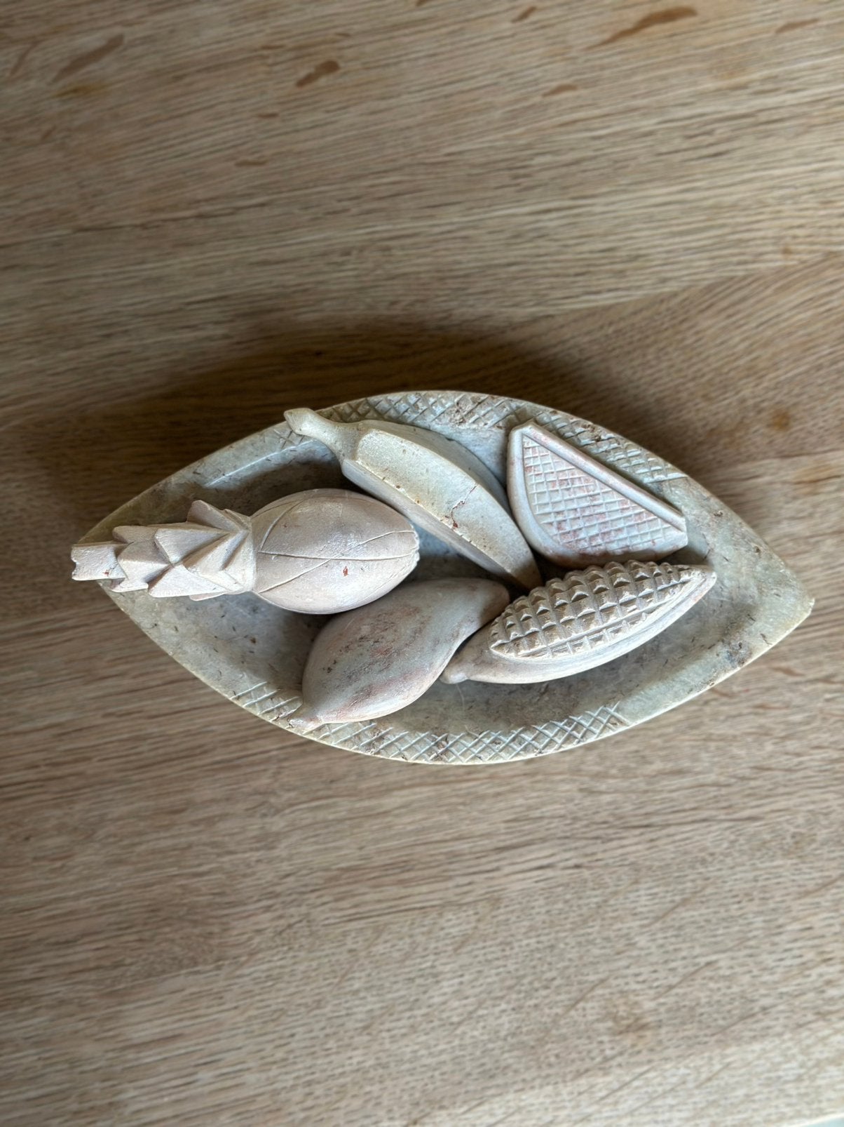 Vintage speksteen fruit in schaaltje, Ophalen of Verzenden, Gebruikt, Dier