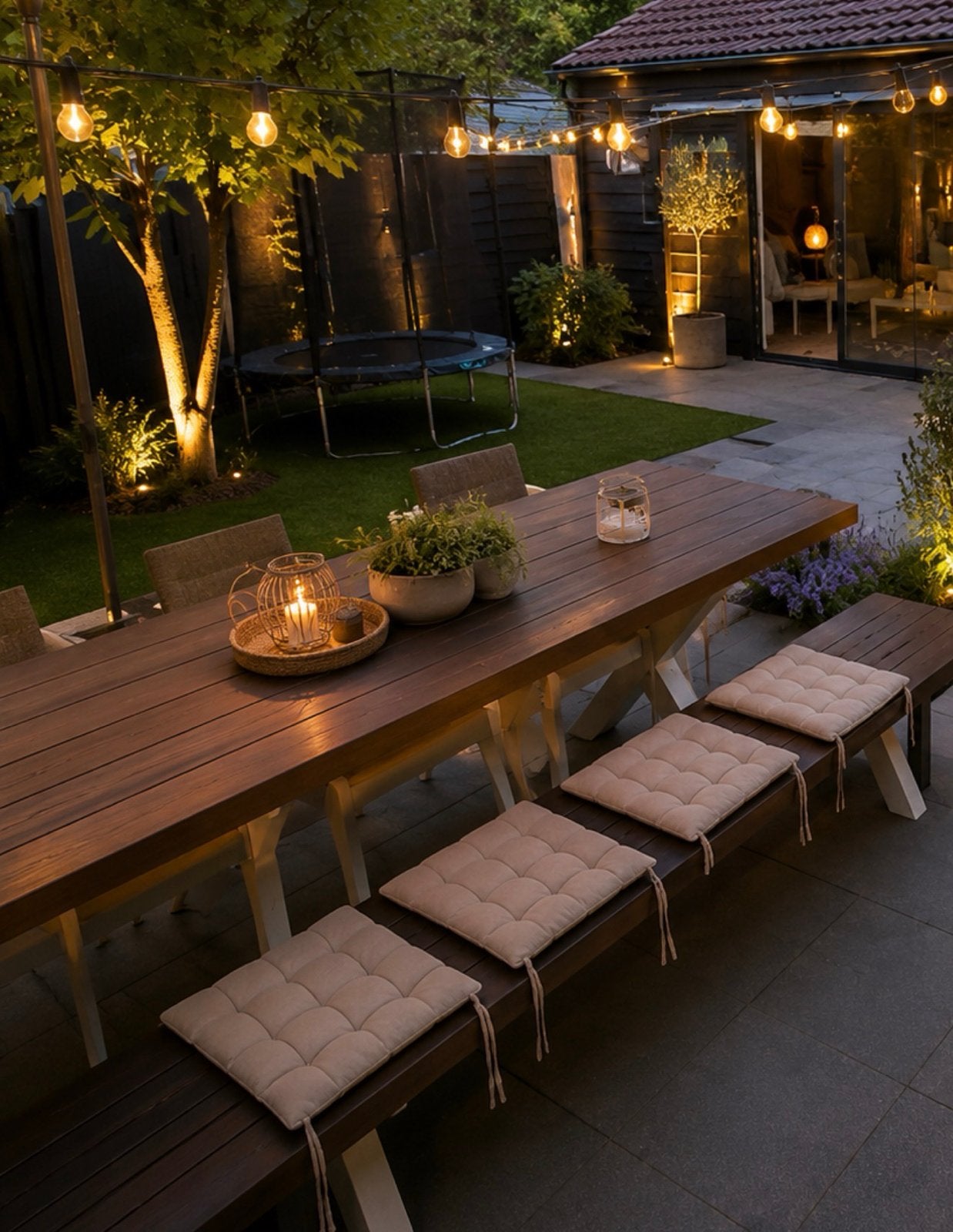 Degelijke 3 meter tuintafel met bankje en RVS X-poten, Tuin en Terras, Ophalen, Zo goed als nieuw, Rechthoekig, Hout