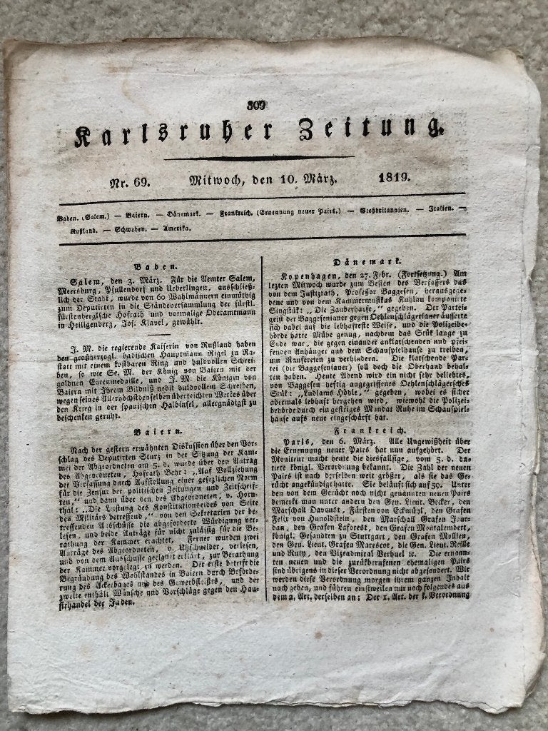 1819 Karlsruher Zeitung 10 maart. Nieuws uit de hele Wereld, Verzenden