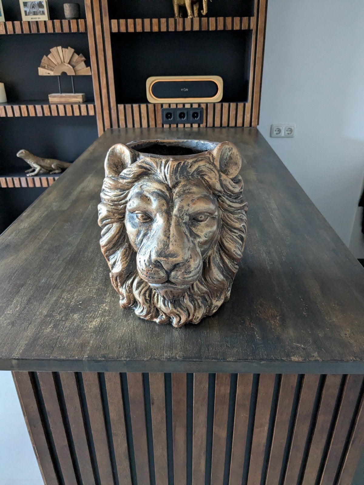 Decoratieve Leeuwenkop Bloempot/Vaas, Huis en Inrichting, Ophalen, Zo goed als nieuw, Steen/keramiek, Goud
