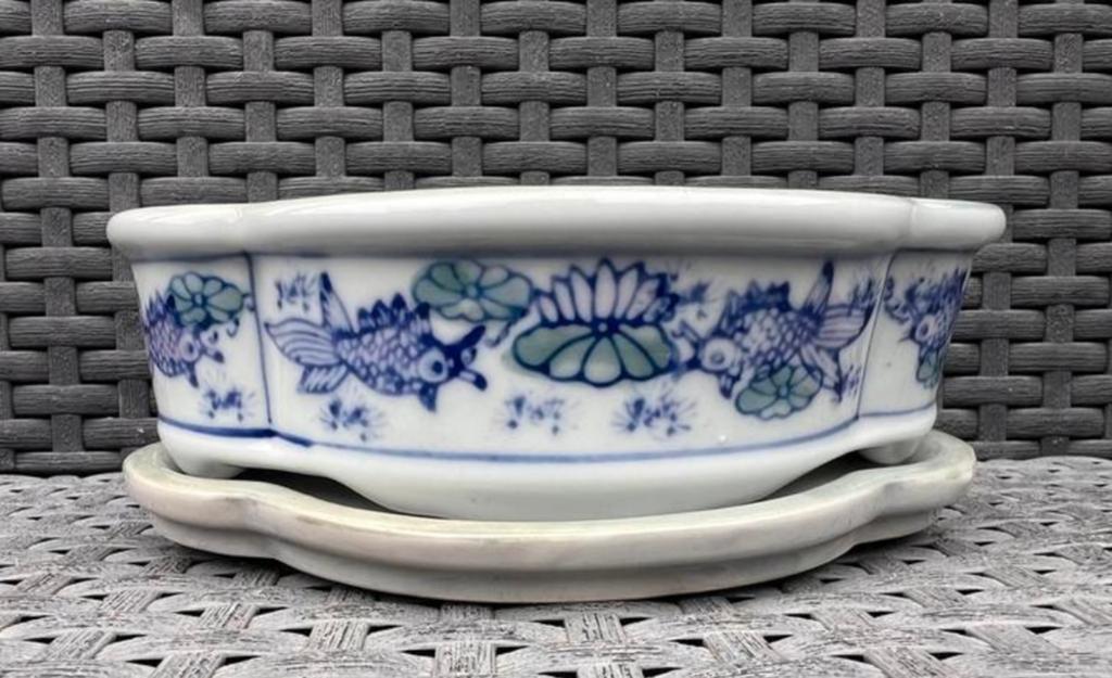 Bonsai schaal + onderzetter gedecoreerd porselein 15,8x11, 4, Overige materialen, Nieuw, Ophalen of Verzenden, Overige vormen