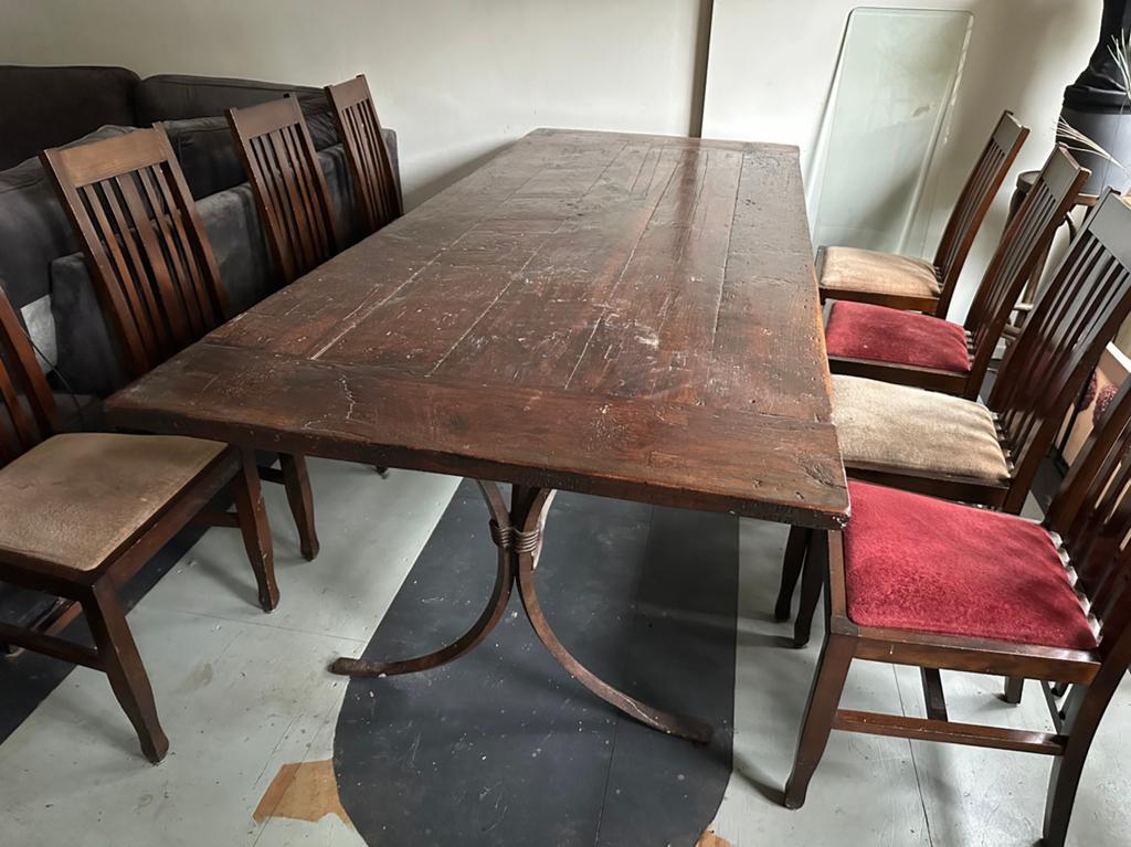 Robuuste eettafel van oud eiken met 8 stoelen – 240x100 cm, Ophalen, 200 cm of meer, 50 tot 100 cm, Vijf personen of meer
