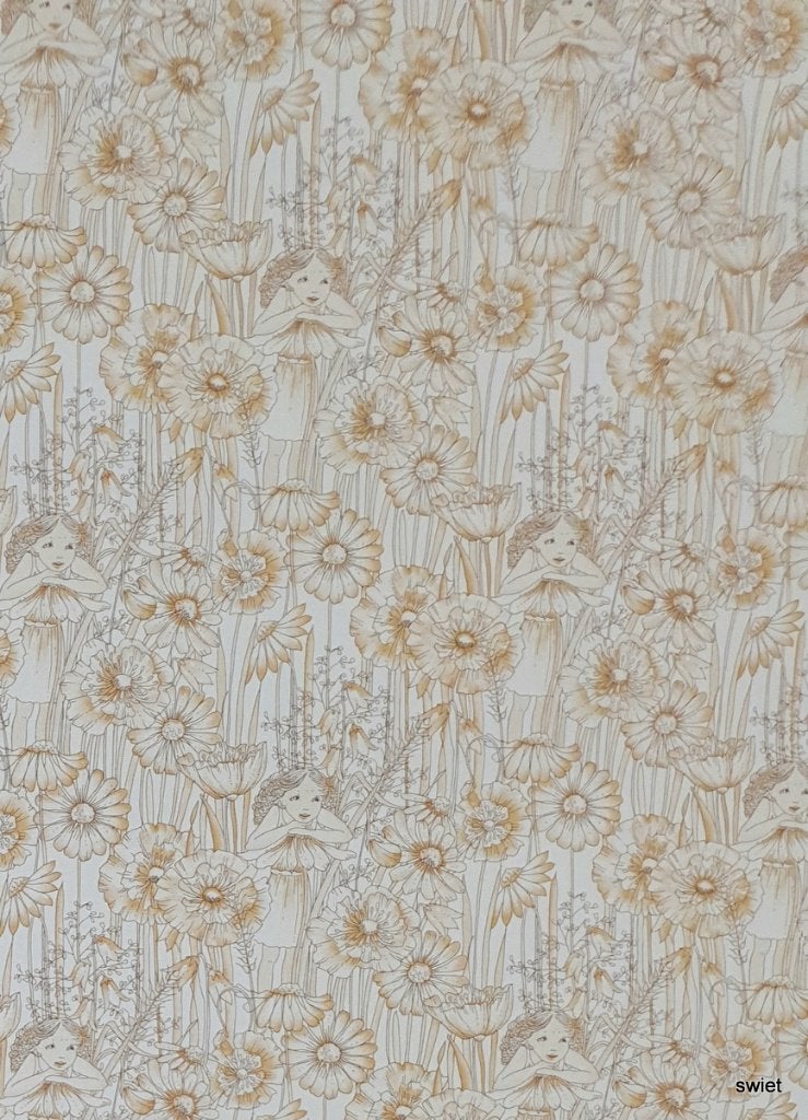 10337 Vintage kinderbehang bloemen en meisje in dessin swiet, Ophalen of Verzenden, Beige
