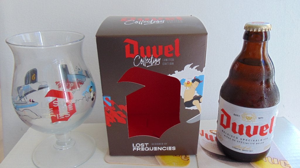 Duvel glas Lost Frequencies + 1 Duvel met viltjes, Ophalen of Verzenden, Zo goed als nieuw, Glas of Glazen, Duvel
