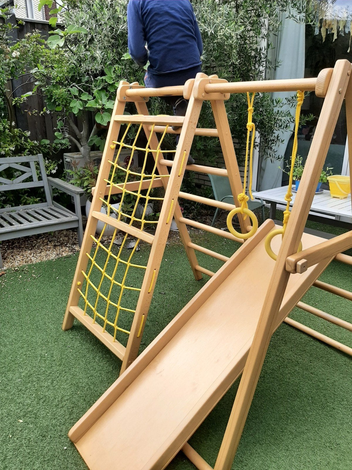 Houten Klimrek met Glijbaan, Klimnet en Ringen, Kinderen en Baby's, Speelgoed | Buiten | Speeltoestellen, Ophalen, Zo goed als nieuw