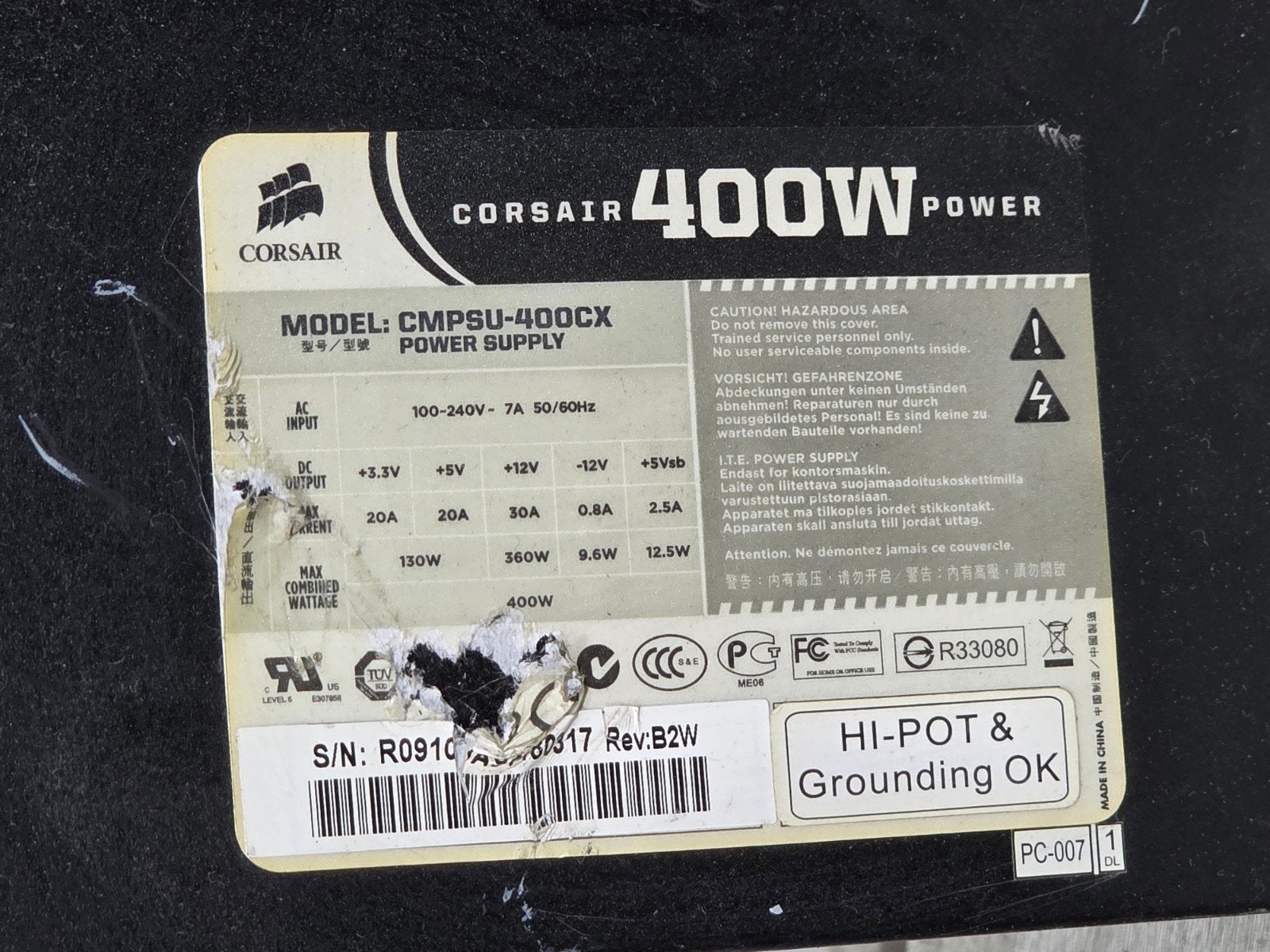 Corsair 400w max voeding psu power supply cmpsu-400cx, Gebruikt, ., Ophalen of Verzenden, .