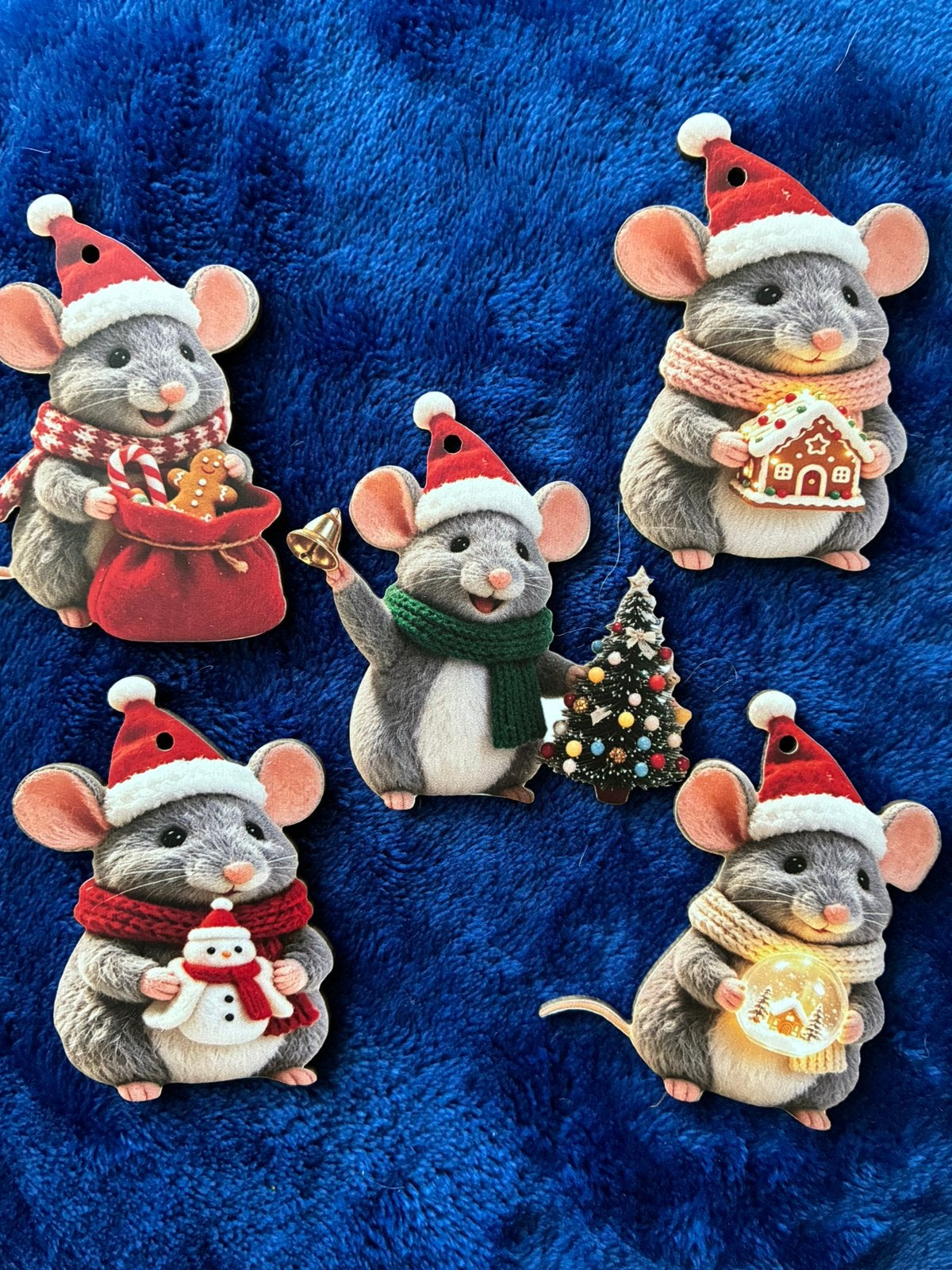 Kerstboom hangers muis kerstmuts hout set 5 kerstdecoratie, Ophalen of Verzenden, Nieuw