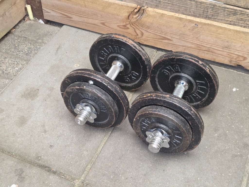 Dumbbells / Halters Gietijzeren 15 kg Totaal – set van 2, Ophalen of Verzenden, Gebruikt, Buik, Dumbbell