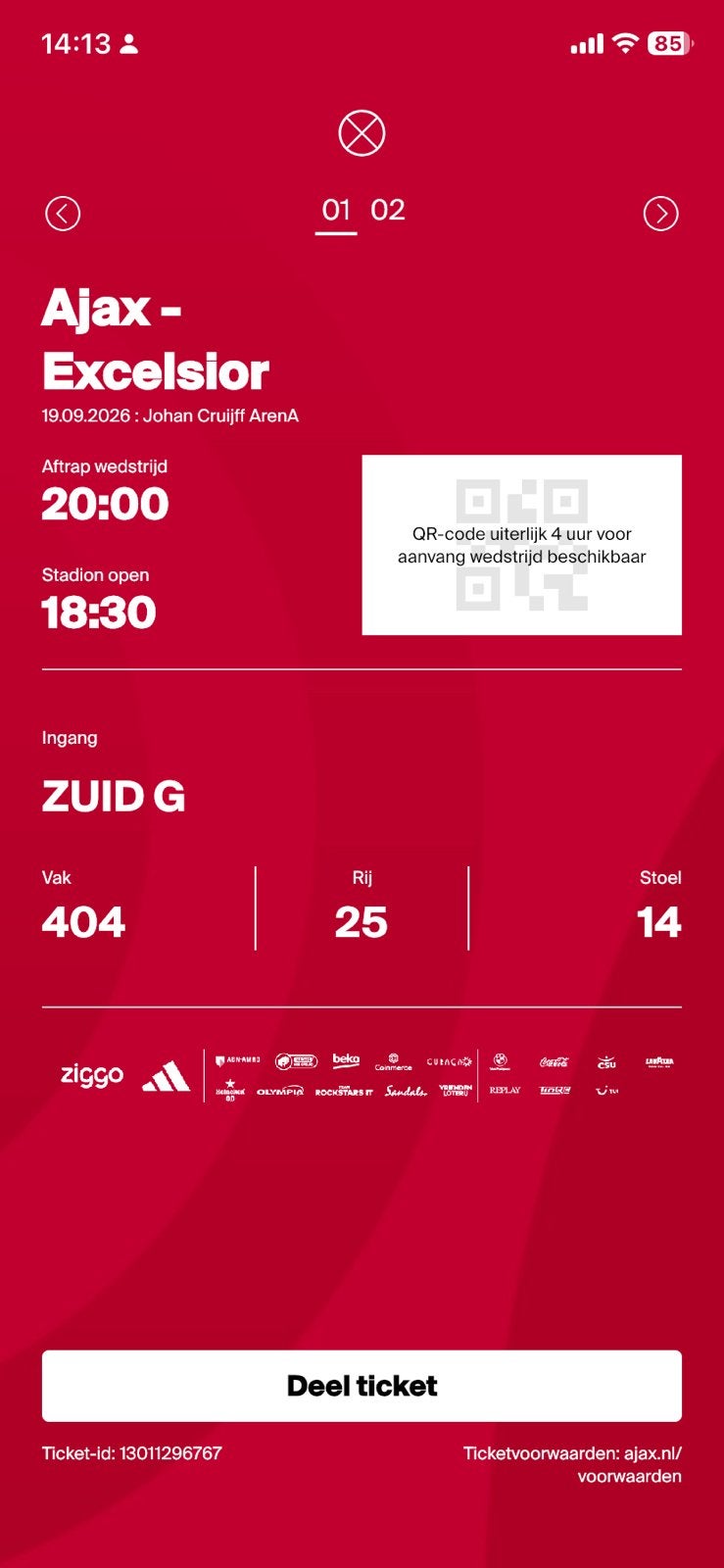 2 kaartjes Ajax-Excelsior 19 september, Twee personen, September