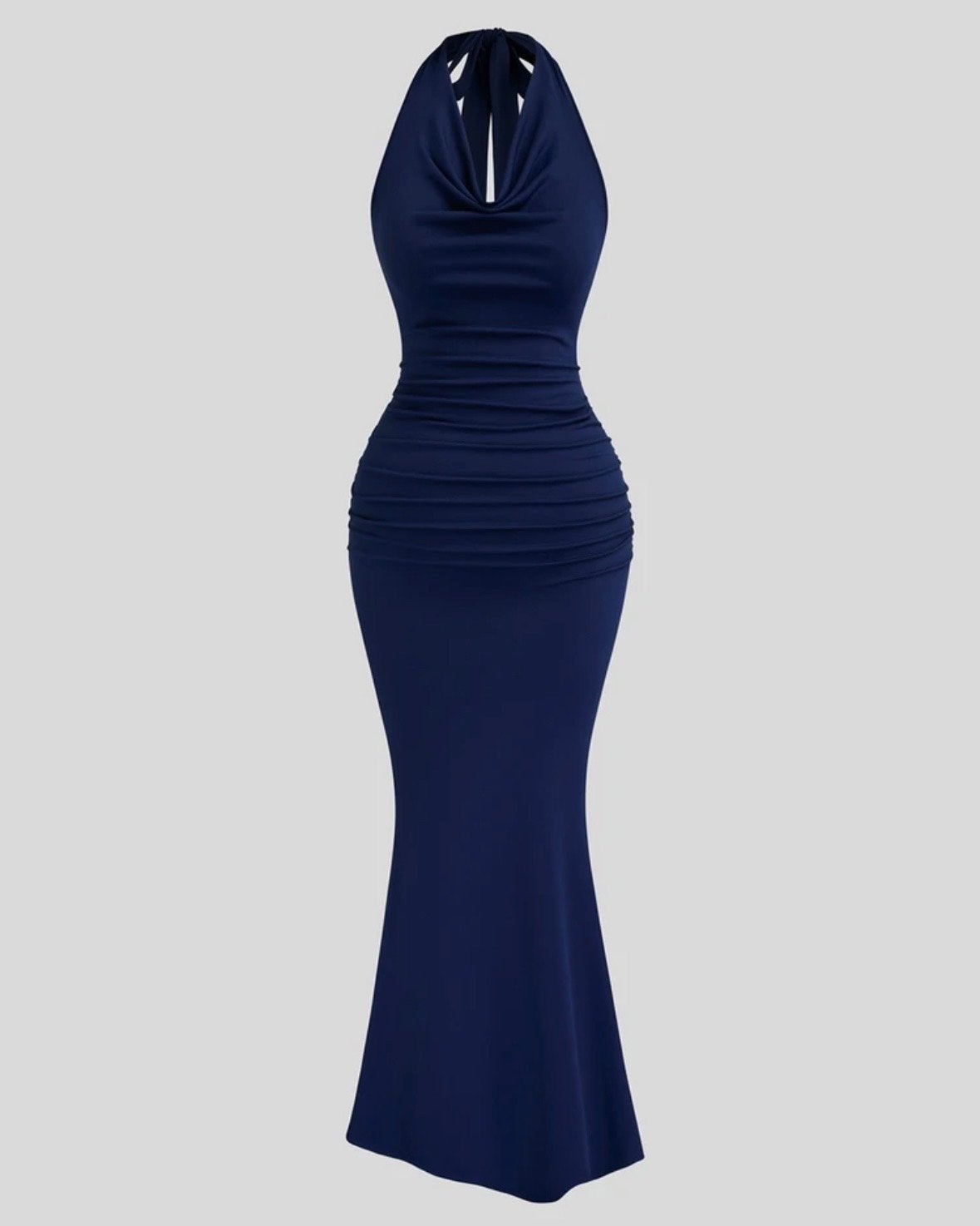 avondjurk met halternek en ruches - Donkerblauw (44-52), Verzenden, Nieuw, Blauw, Jurk