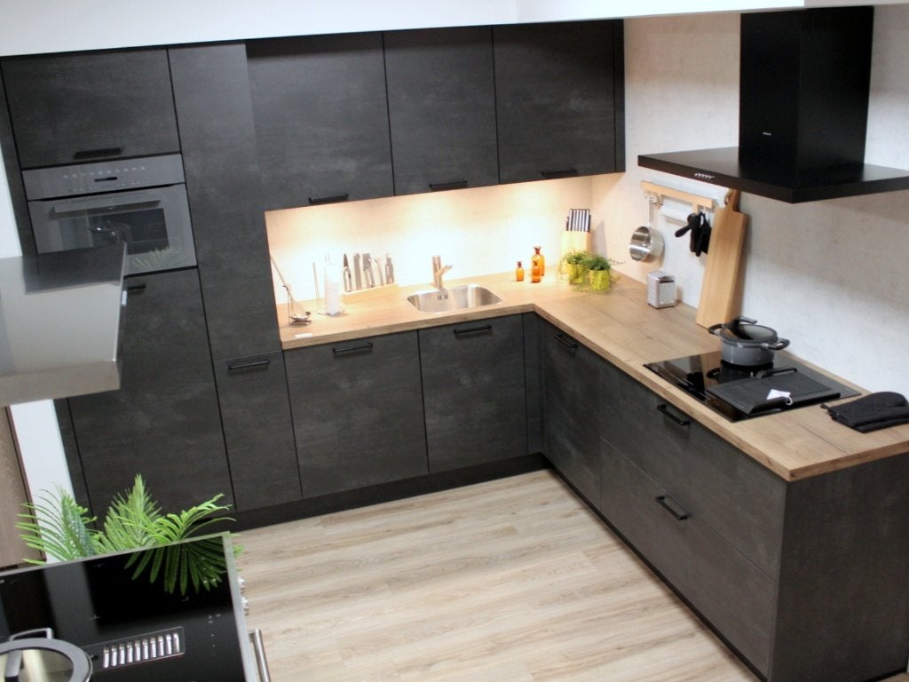 EC3- Hoekkeuken met betonlook fronten en Miele combi-oven, Ophalen, Zwart, Hoekkeuken, Nobilia-Werke J. Stickling GmbH & Co. KG