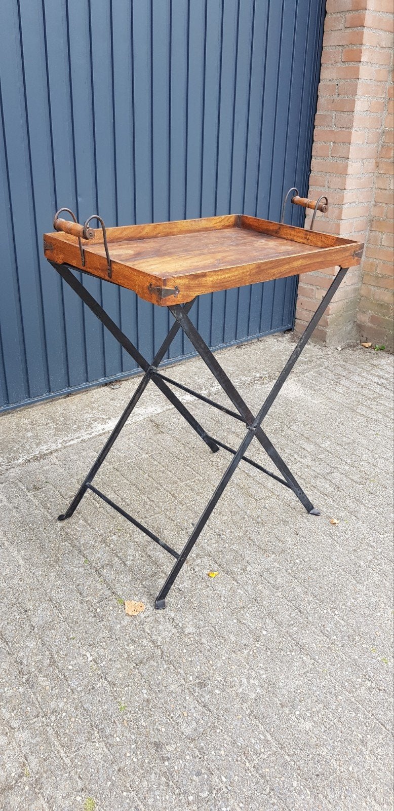 Butlertray teakhouten dienblad en smeedijzeren onderstel, Ophalen of Verzenden
