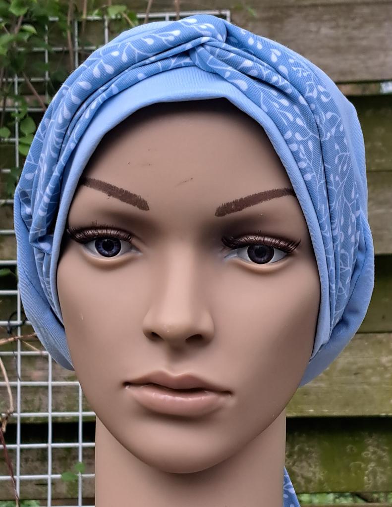 Chemo/haarverlies tricot muts met sjaal no 2 A. Blauw., Anna, Maat 42/44 (L), Nieuw, Ophalen of Verzenden