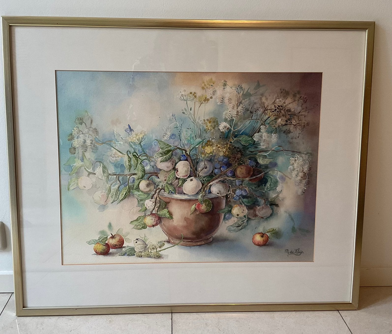 Originele aquarel Mylène de Kleijn, inclusief lijst, Aquarel, Papier, Ophalen, Bloemen
