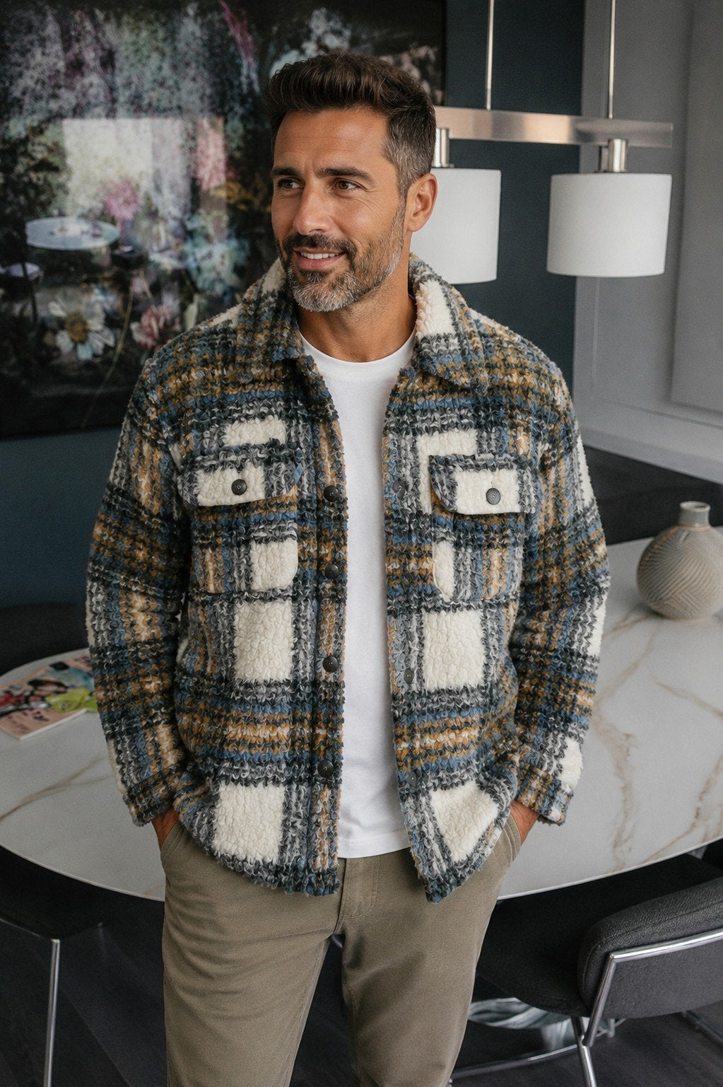 Geruite Sherpa Jas - Warm en Stijlvol, Kleding | Heren, Maat 52/54 (L), Onbekend, Beige, Ophalen of Verzenden