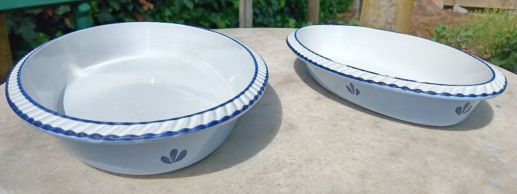 Set DRU 2 gietijzeren ovenschalen 32 en 24 cm blauw (G276), Gebruikt, Gietijzer, Overige typen, Ophalen of Verzenden