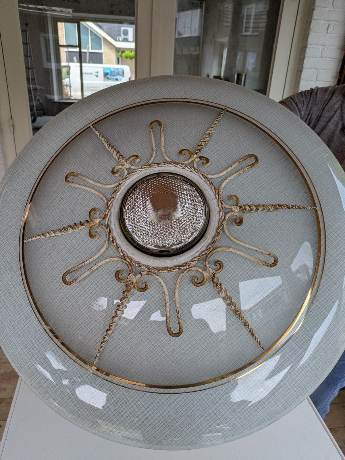 Vintage Plafondlamp met Gouden Details, Ophalen, Gebruikt, Vintage, Klassiek, Retro, Glas