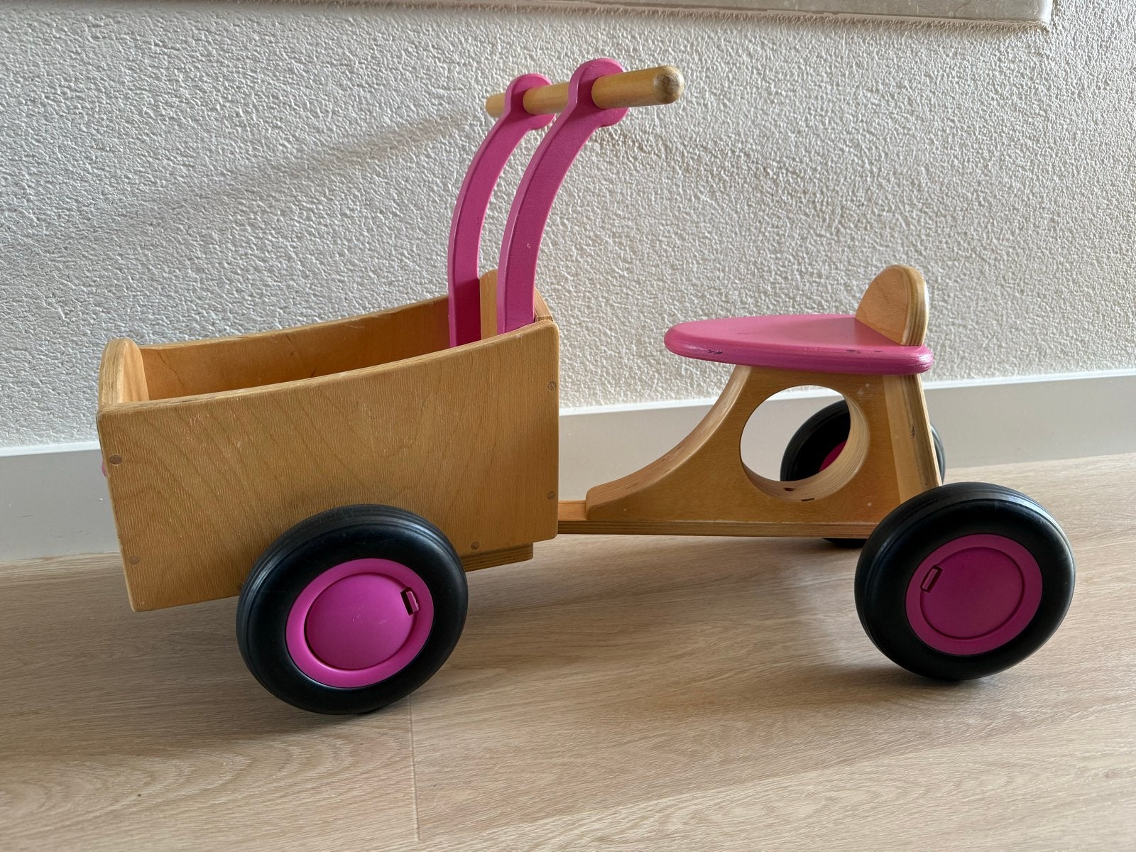 Van Dijk Toys houten bakfiets met roze details, Ophalen, Gebruikt, Loopfiets