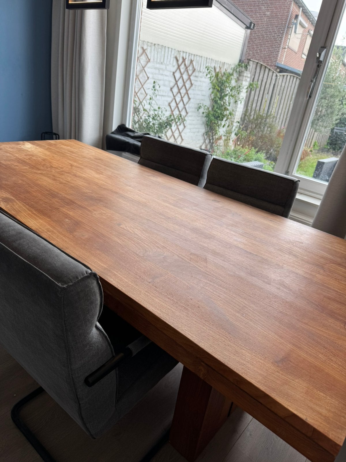 Massief houten eettafel 220x100, Ophalen, Gebruikt, Teakhout, 200 cm of meer