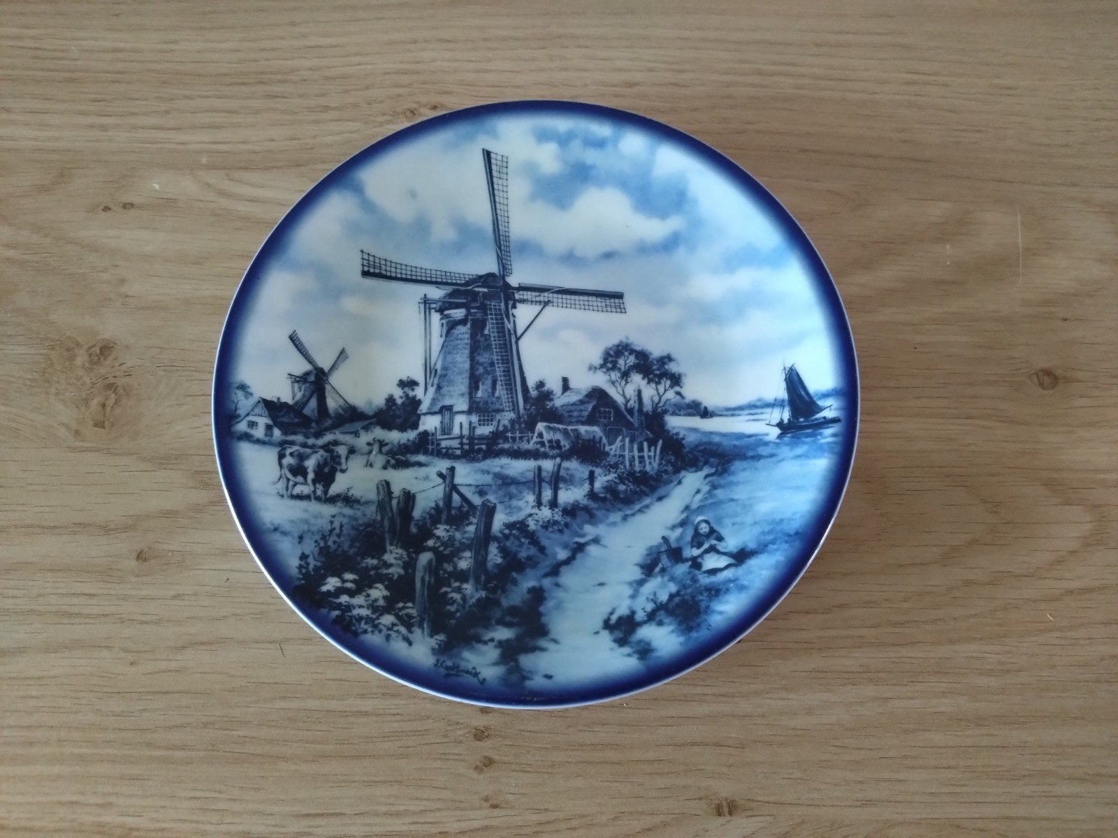 Delfts blauw wandbord Royal Schwabap met molenlandschap, Ophalen of Verzenden