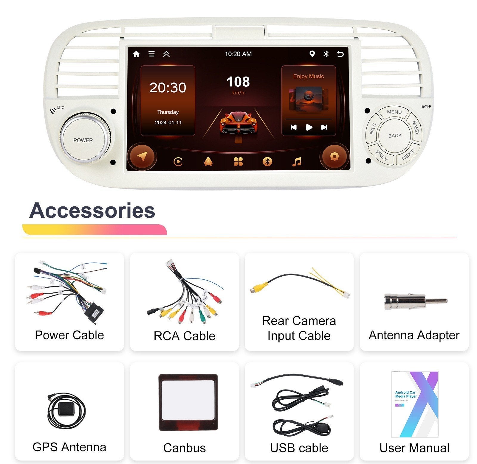 FIAT 500 CarPlay Android Radio 4+64GB Wit/Zwart Akoyaa, Ophalen of Verzenden, Nieuw