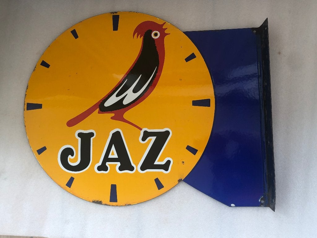 JAZ Dubbelzijdig Emaille Reclamebord 1960 Horlogemaker –, Ophalen
