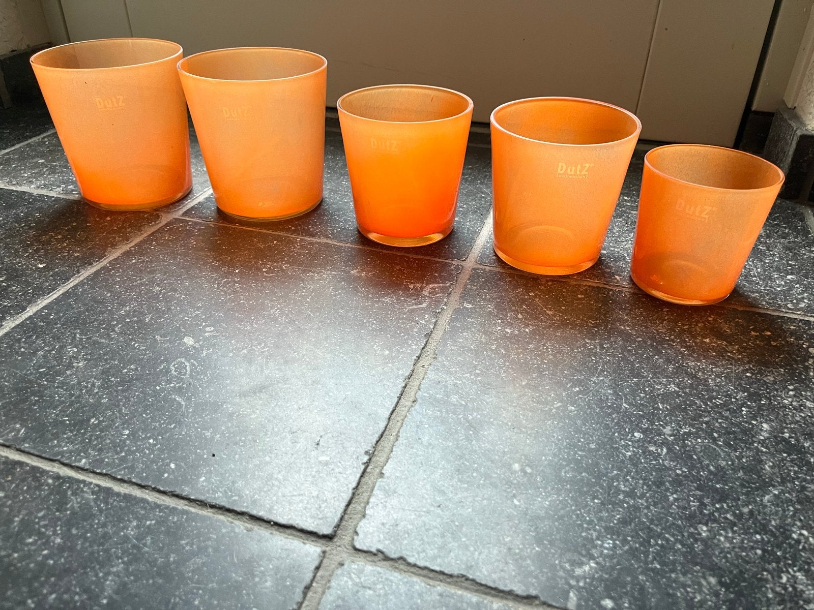 Dutz Collection Oranje Glazen Vazen/Windlichten Set van 5, Ophalen of Verzenden, Gebruikt, Oranje, Glas