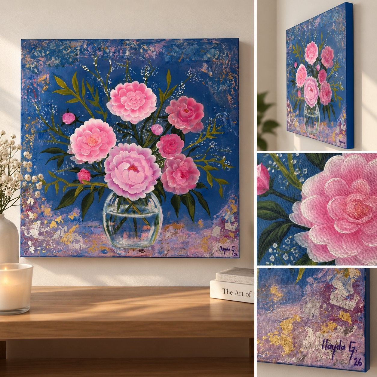 Handgeschilderd schilderij – roze pioenrozen – acryl op doek, Bloemen, Overige stijlen, Doek, Ophalen of Verzenden