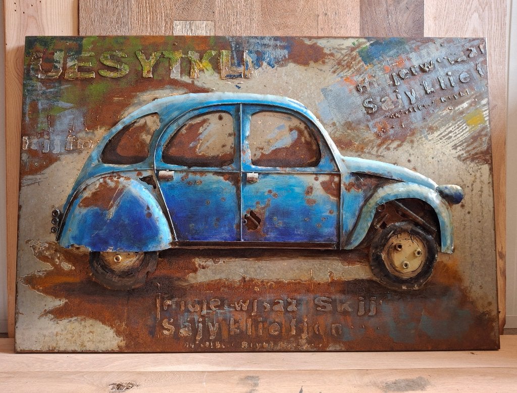 Uniek 3D kunstwerk, schilderij, 'lelijke eend' op metaal, Gemengde techniek, Ophalen, Voertuigen, Met textuur