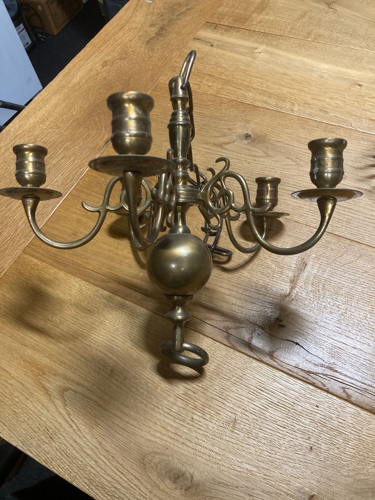 Antieke messing kandelaar met 5 armen, Ophalen, Koper of Brons