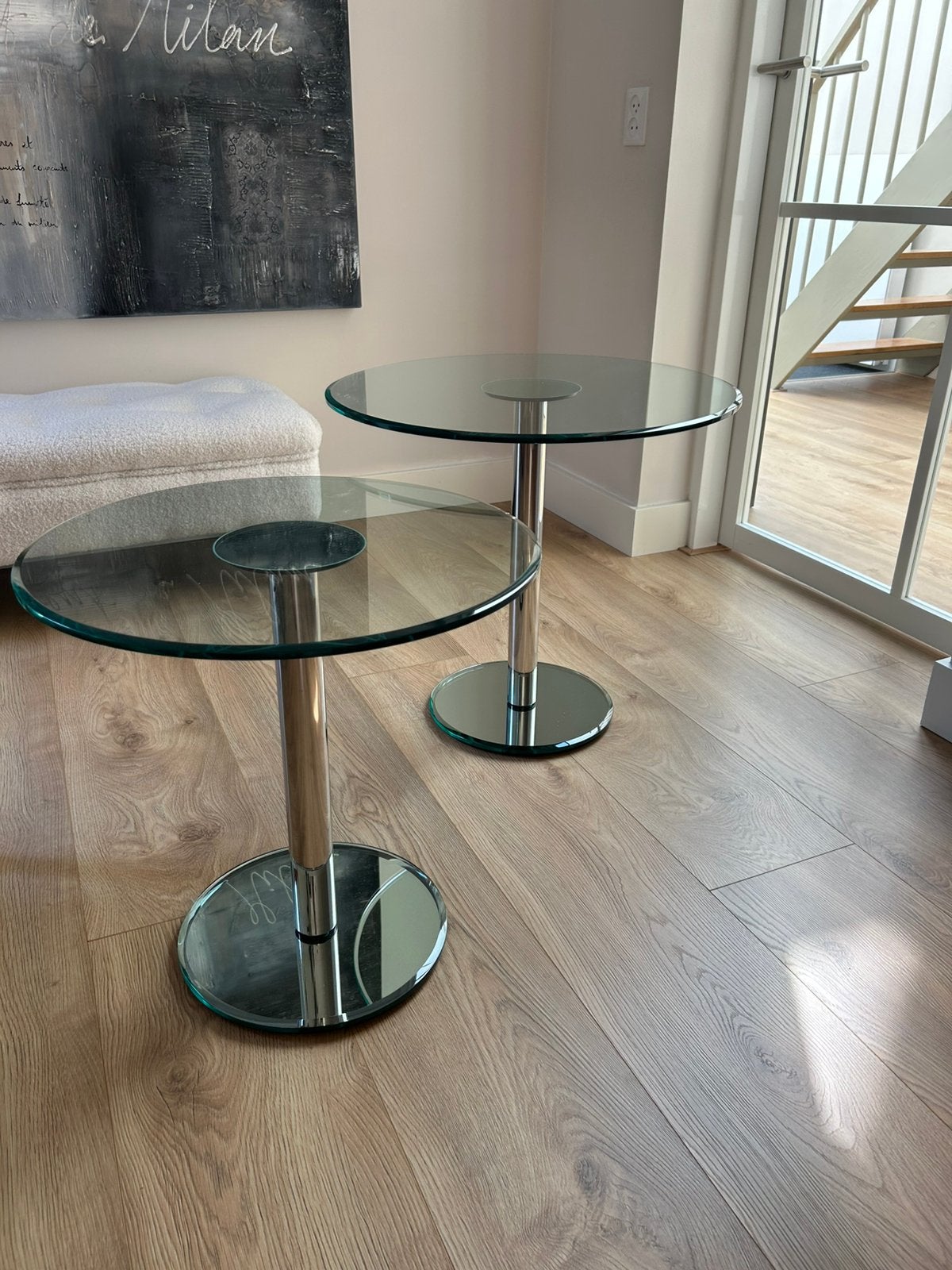 Set van 2 design glazen bijzettafels merk Metaform, Minder dan 55 cm, Rond, Tijdloos, Ophalen