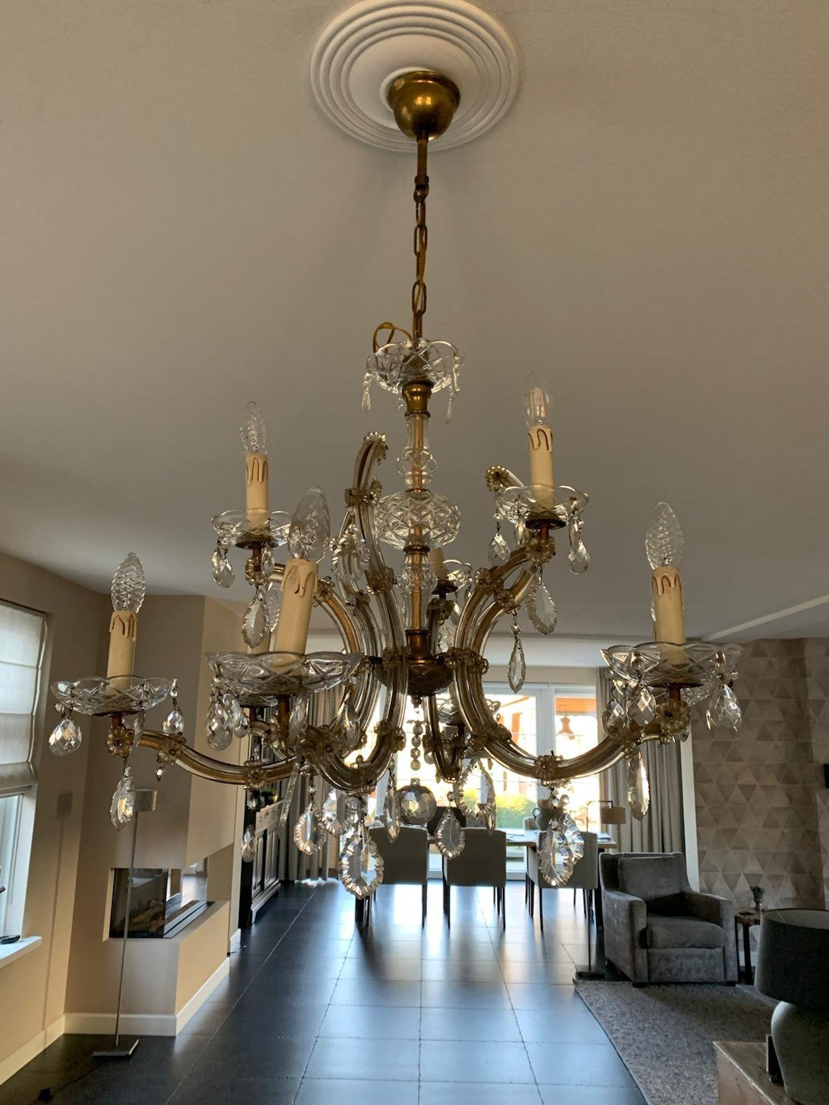 Prachtige Kroonluchter met Kristallen en 5 Nieuwe Lampen, Ophalen, Gebruikt, Glas, E14 (klein)