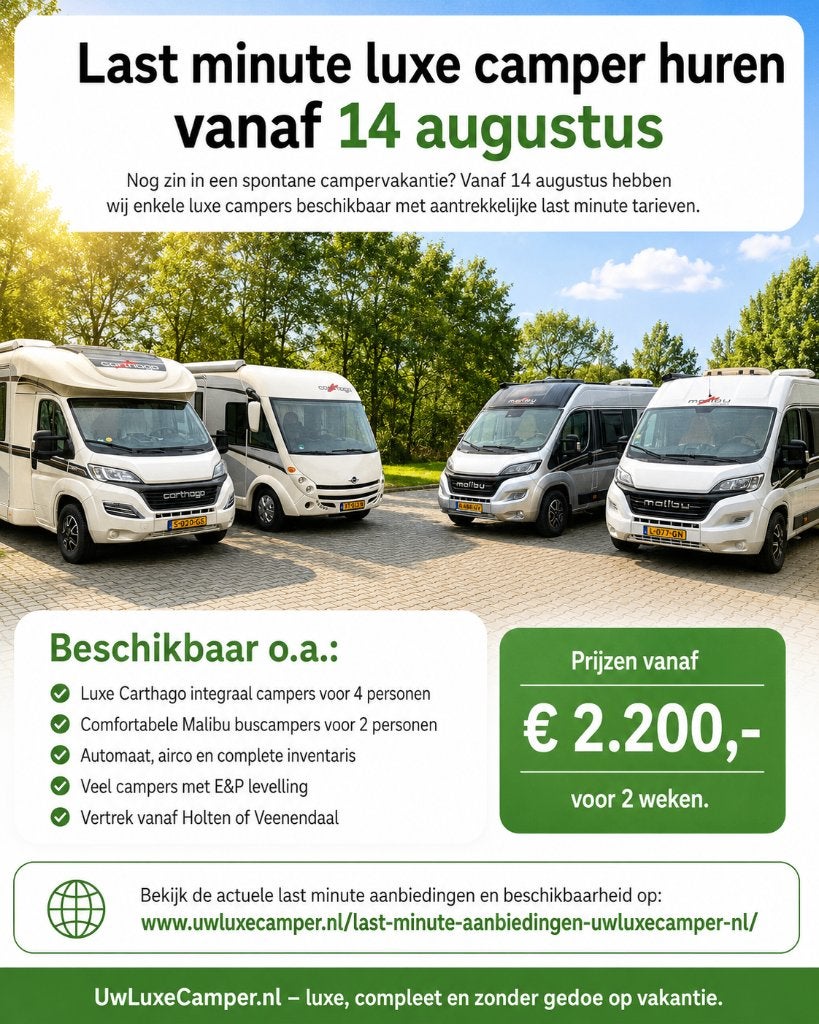 Last minute luxe camper huren vanaf 14 augustus, Caravans en Kamperen, Verhuur