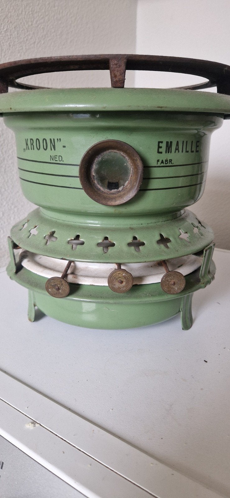 Oud groen emaille petroleumstel – prachtige brocante charme!, Ophalen